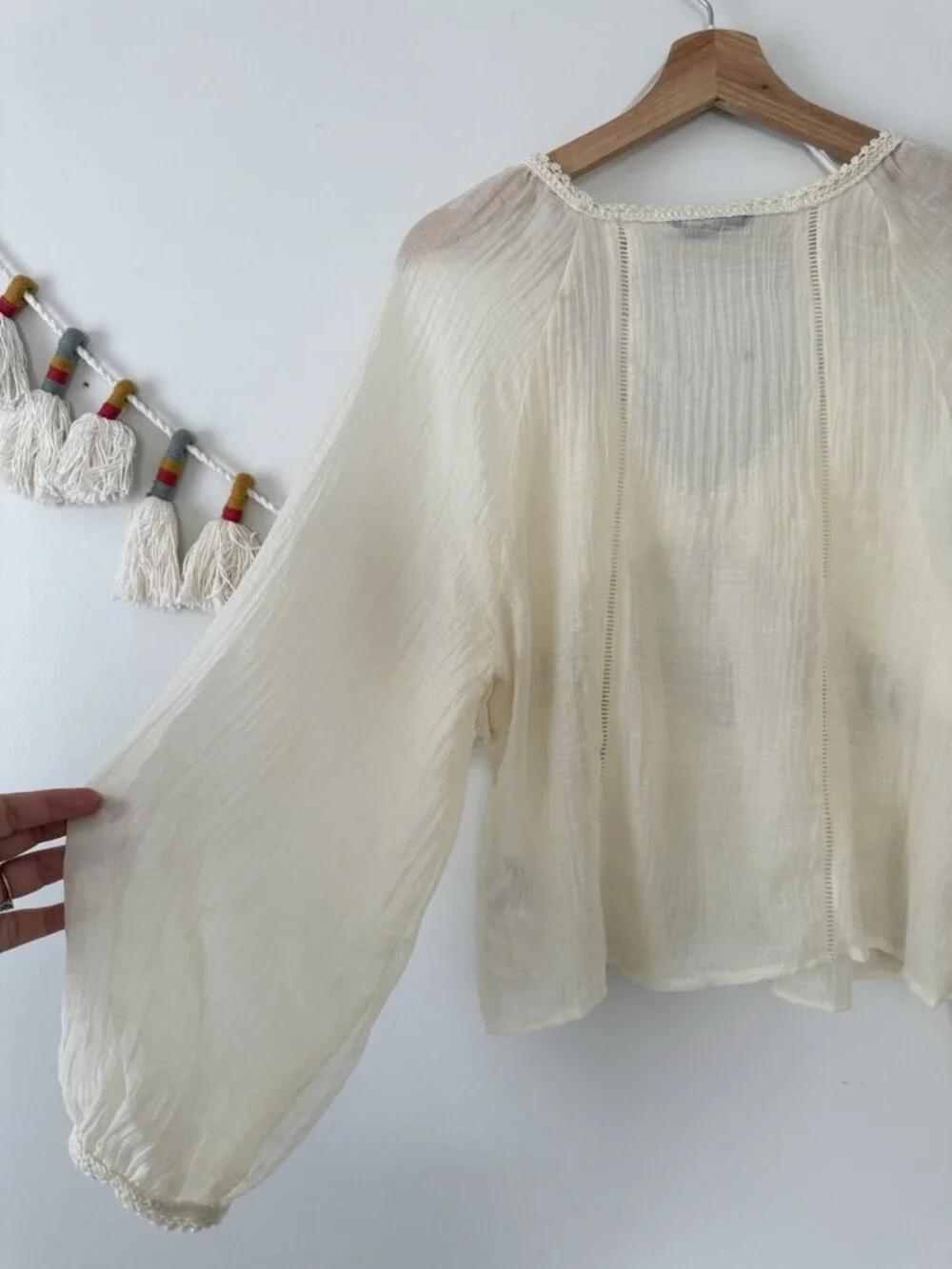 Zara Crochet Contrast Sheer Babydoll Blouson Top In Ecru Ivory Cottage Dainty S